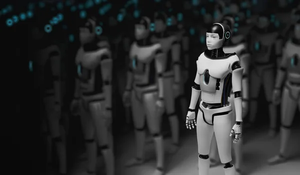 Wiele Humanoidalnych Robotów Sztuczna Inteligencja Ilustracja Renderowana — Zdjęcie stockowe