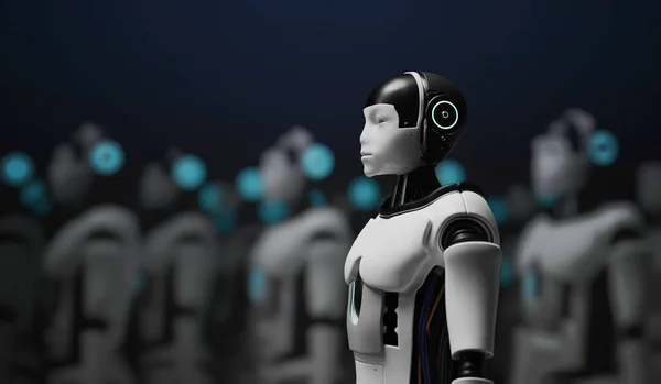 Многие Гуманоидные Роботы Концепция Искусственного Интеллекта Рендеринг — стоковое фото