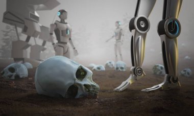 Gelecekte robotlar ve insanlar arasındaki savaş. Yerde insan kafatasları ve etrafta robotlar. 3 Boyutlu resimleme.