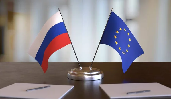 Російські Європейські Прапори Столі Переговори Між Європейським Союзом Росією Візуалізований — стокове фото