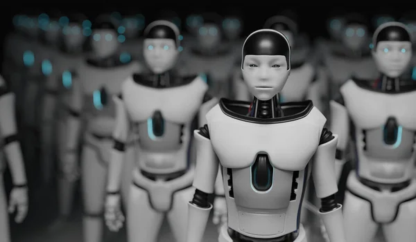 Wiele Humanoidalnych Robotów Sztuczna Inteligencja Ilustracja Renderowana — Zdjęcie stockowe
