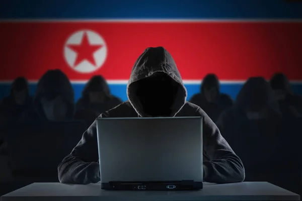 Muitos Hackers Coreanos Fazenda Troll Conceito Segurança Cibercrime Bandeira Coreia — Fotografia de Stock