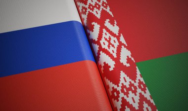 Belarus ve Rusya bayrakları. 3 Boyutlu resimleme.