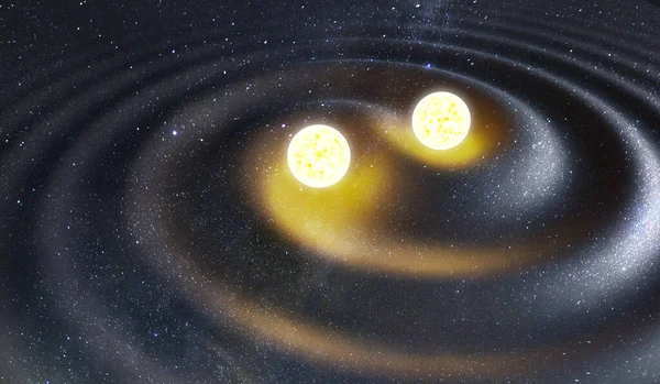 重力波を発生させる連星系 重力と天体物理学の概念 3Dレンダリングイラスト — ストック写真