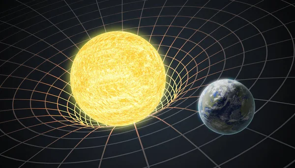Earth rotating around Sun. Gravity and general theory of relativity concept. 3D rendered illustration.