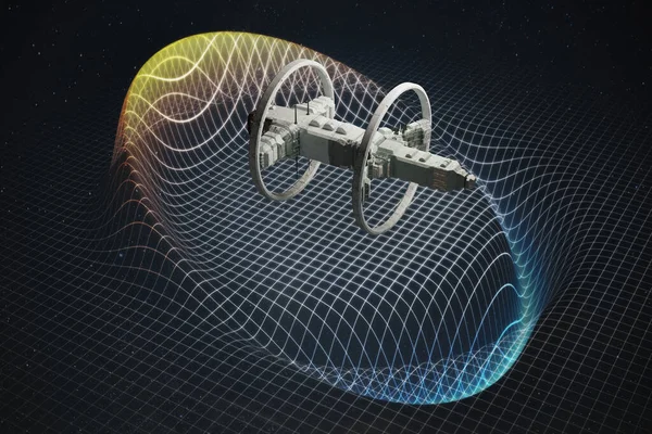 湾曲したハイパースペースにワープドライブを備えた宇宙船 3Dレンダリングイラスト — ストック写真
