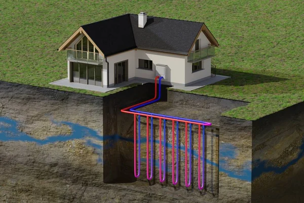 Pionowy System Naziemnej Pompy Ciepła Ogrzewania Domu Energią Geotermalną Ilustracja — Zdjęcie stockowe