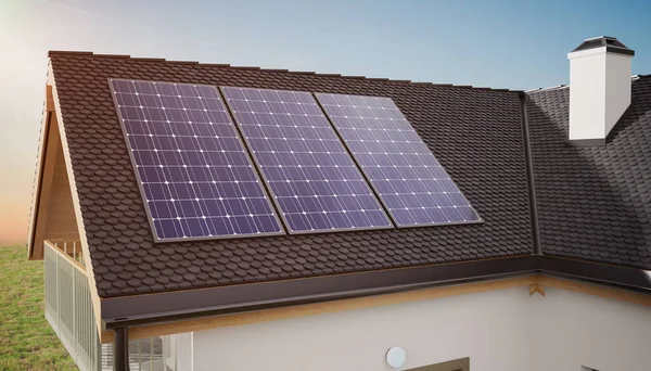 Photovoltaik Sonnenkollektoren Auf Dem Dach Eines Hauses Das Erneuerbare Energie lizenzfreie Stockfotos