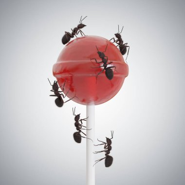 Bir sürü aç karınca lolipop yiyor. 3 Boyutlu resimleme.