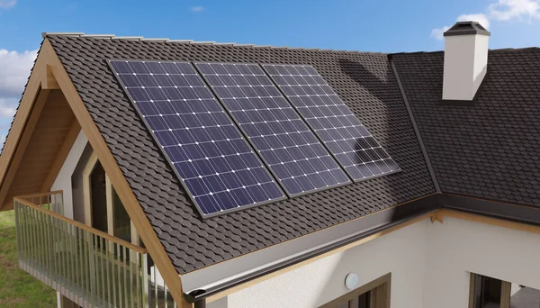 Photovoltaic solar panels on roof of a house producing renewable energy. 3D rendered illustration.