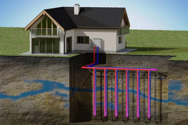 Függőleges Földi Hőszivattyú Rendszer Fűtésére Haza Geotermikus Energia Kiolvasztott Illusztráció Stock Kép