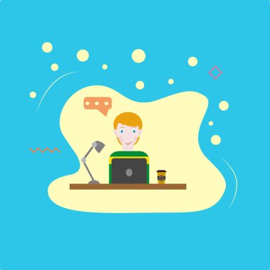 Laptopta çalışan bir çocuğun, bir gencin ya da bir gencin resmi. Genç adam kahveyle dizüstü bilgisayarda çalışıyor.