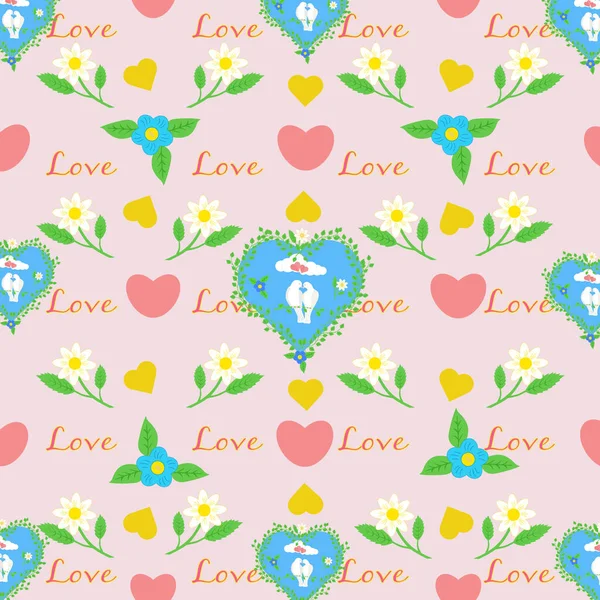 Pattern Bright Beautiful Doves Hearts Flowers Love Happy Valentines Day — Vector de stock