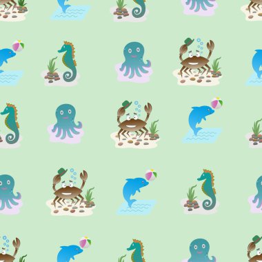 Çizgi filmdeki deniz yengeci, deniz atı, yunus ve çocuk temalı ahtapot desenleri.