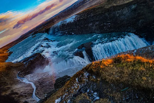 Καταρράκτης Του Γκότορφου Και Πρωινή Ακτίνα Τοποθεσία Λήψης Ισλανδία — Φωτογραφία Αρχείου
