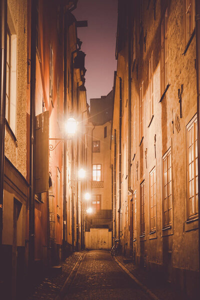 Night view of Gumla Tan Old Town. Shooting Location: Sweden, Stockholm