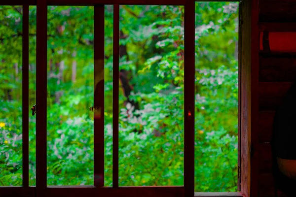 Από Παράθυρο Του Σπιτιού Στο Δάσος Τοποθεσία Hokkaido Biei Cho — Φωτογραφία Αρχείου