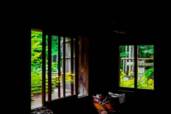 Rapsblumengarten Vom Fenster Aus Gesehen Haus Wald Drehort Hokkaido Biei — Stockfoto