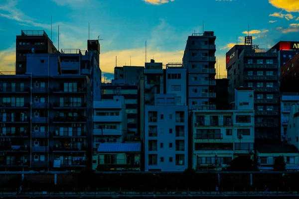 Solnedgång Från Sumida Floden Till Taito Ward Skytteläge Taito Tokyo — Stockfoto
