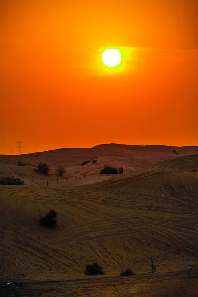Slunce Zapadá Arabské Pouště Místo Střelby Dubaj — Stock fotografie