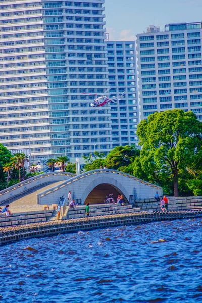 Helicopter Flying Yokohama Minato Mirai Shooting Location Yokohama City Kanagawa — Stock fotografie