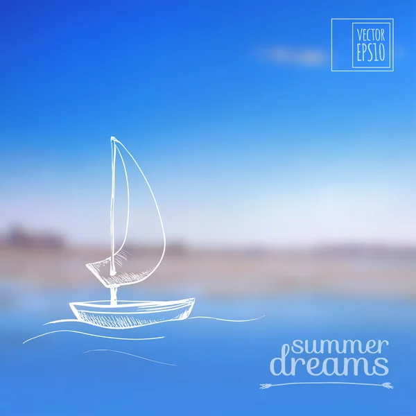 Skiss på sommarlov på bakgrunden bilderna. båt på vattnet — Stock vektor