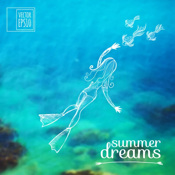 Skiss på sommaren drömmar på bakgrunden bilderna. snorkling — Stock vektor