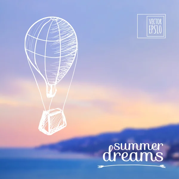 Sketch on summer dreams on the background images Balloon over the sea — Stock Vector