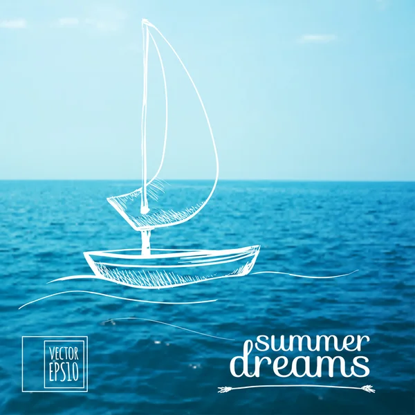 Sketch on summer dreams on the background images. Boat on the sea — Stock Vector