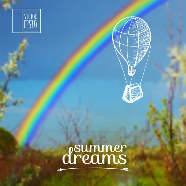 Skiss på sommaren drömmar på bakgrunden imagesballoon på en bakgrund av rainbow — Stock vektor