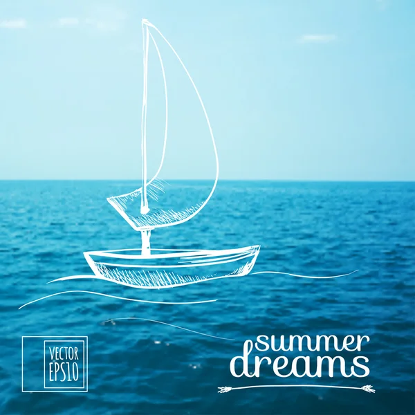 Esboço em sonhos de verão nas imagens de fundo. Barco no mar Ilustração De Stock