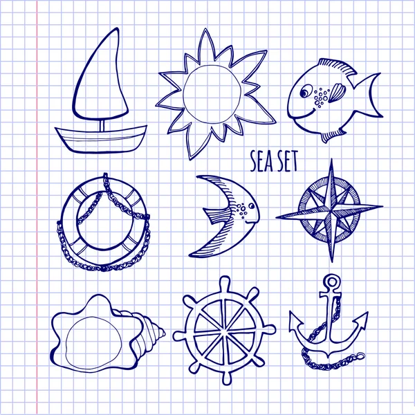 Esboço. Conjunto de elementos do mar, desenhando em folha de caderno — Vetor de Stock