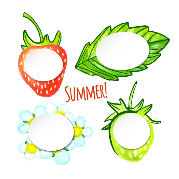 Set of four watercolor Stickers - strawberries, leaf and flower — Stock Vector