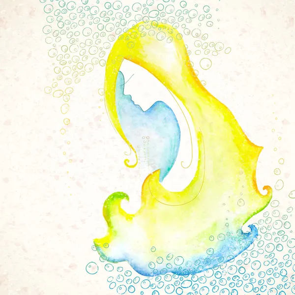 Retrato de acuarela de la rubia sobre un fondo de burbujas de agua y textura — Vector de stock