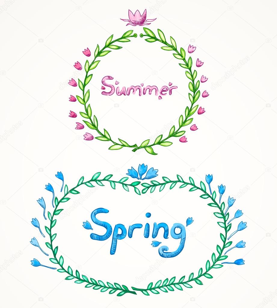 Illustrazione vettoriale set di due cornice cornici acquerello da foglie e fiori con parole scritte a mano "primavera" e "estate" isolato su sfondo