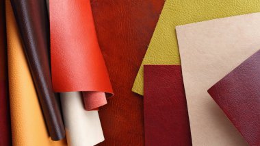 Farklı renkler kahverengi deri arka planda doğal deri dokusu örnekleri