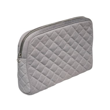 Dişi gri kumaş kozmetik çanta. Beyaz arkaplanda izole