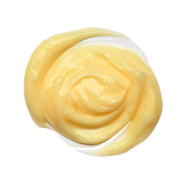 Beyaz arka planda izole edilmiş sarı kozmetik krem örneğini kapatın. Üst görünüm