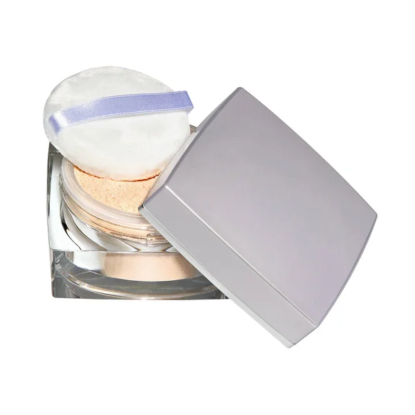 Dry Face Powder Square Silver Casket Makeup Sponge Isolated White — Fotografia de Stock