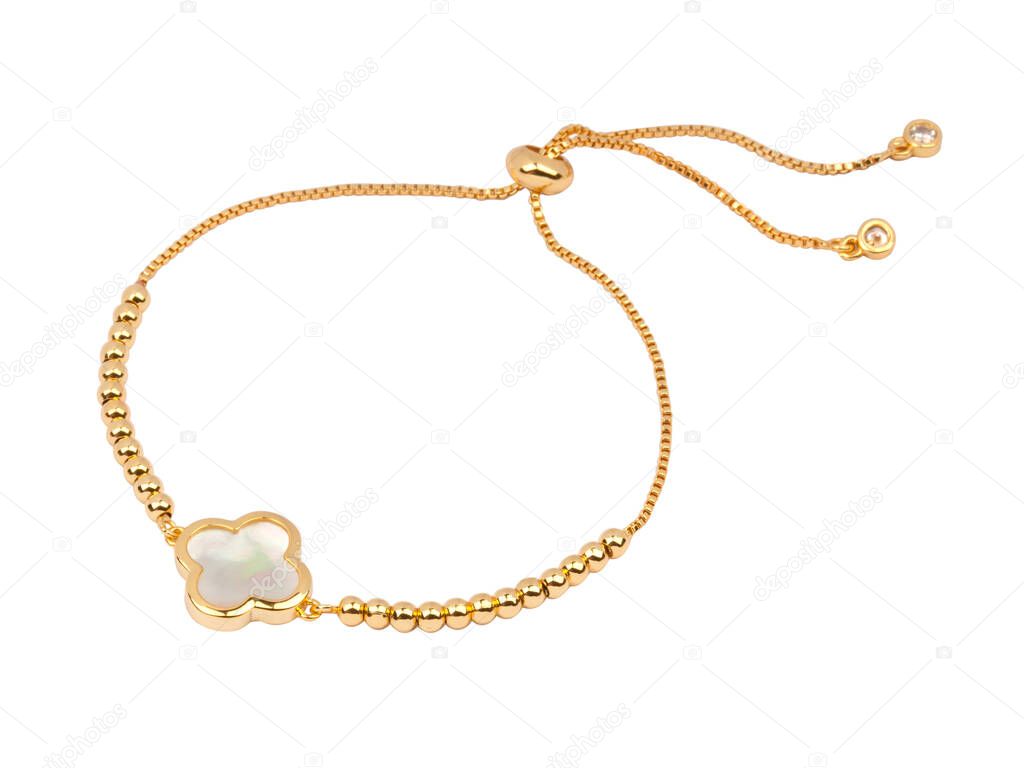 Women`s golden necklace with pendant isolated on white background. Close