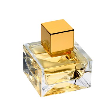 Beyaz arka planda izole edilmiş cam parfüm şişesi. Yakın çekim.