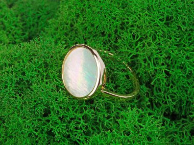 Yeşil yosun zemininde inci küpesi olan altın bir yüzük. Yakın çekim. 