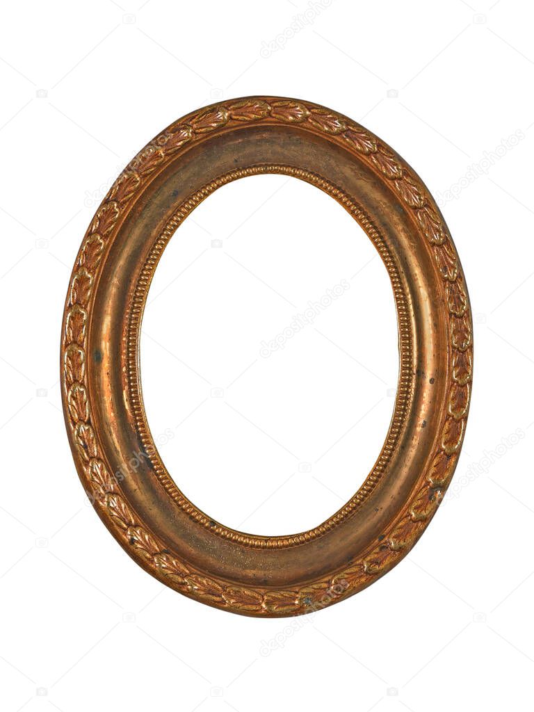 Vintage retro oval metal frame for photo or mirror. Isolated on white background