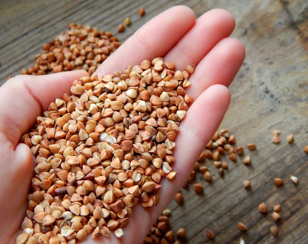 Eine Hand hält ein paar Buchweizenkörner — Stockfoto