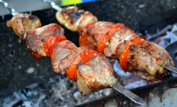 Barbacoa shashlik con carne y tomates a la parrilla — Foto de Stock