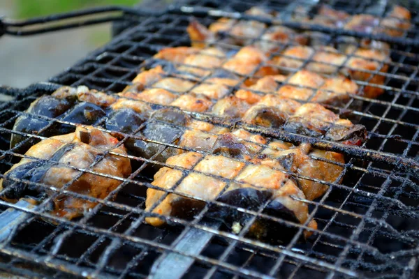 Bistecche di pesce salmone grigliate all'aperto su un barbecue — Foto Stock