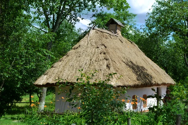 Vieille maison traditionnelle ukrainienne hata en bois et paille — Photo