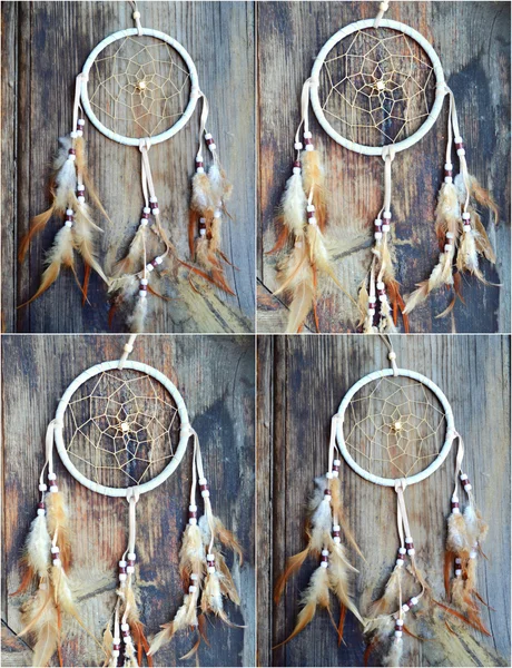 Handmade white dream catcher on wooden background — Stock Photo, Image