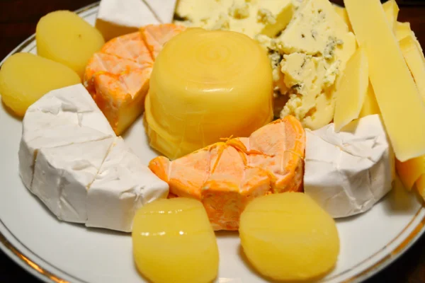 Белая тарелка с различными видами сыра — стоковое фото