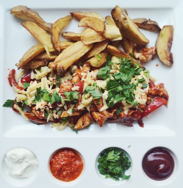 büyük beyaz tabak patates kızartması, et, peynir ve sos ile